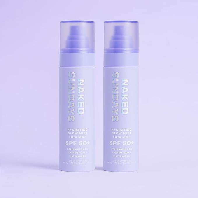 Naked Sundays SPF 50 Hydrating Glow Face Mist - Daily Sunscreen Spray & Makeup Setting Spray with Hyaluronic Acid, Lightweight, Non-Greasy & Hydrating, 2-Pack