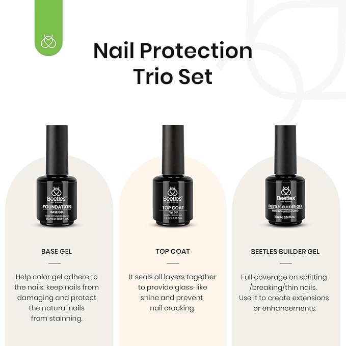 Beetles 3Pcs 15ml Builder Nail Gel with No Wipe Top Coat Gel Nail Polish and Base Coat Set for Nails Shine Finish and Long Lasting Nail Protection UV/LED Lamp Needed Gifts for Women