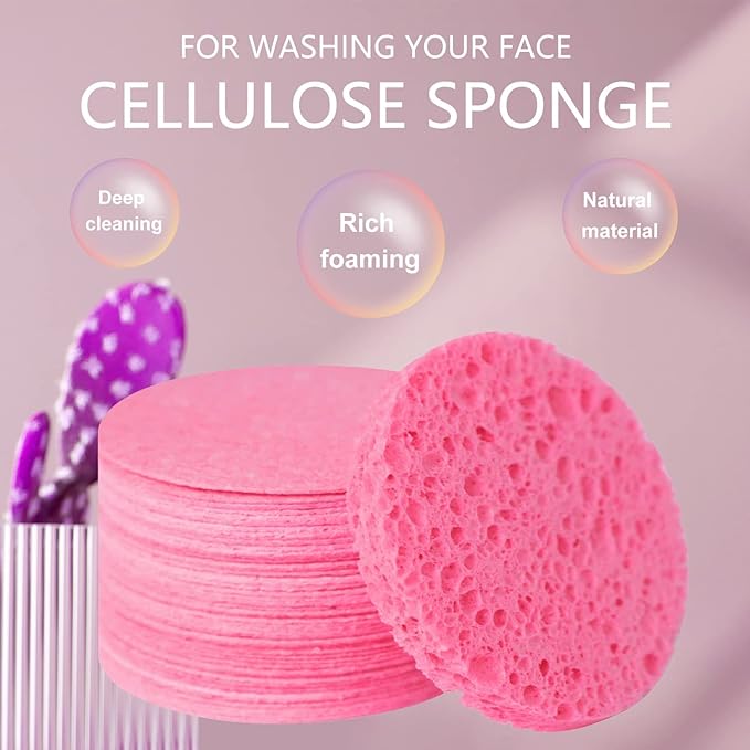 50-Count Facial Sponges, Compressed Natural Cellulose, Pink, Round Shape, Face Cleansing, Exfoliating, Makeup Removal