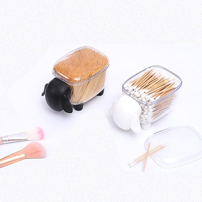 2-Pack Sheep Acrylic Cotton Ball & Qtip Dispenser with Lid | Adorable Sheep-Shaped Vanity Organizer Canisters for Bathroom Countertops | Stylish Black/White Set - Gift for Girls
