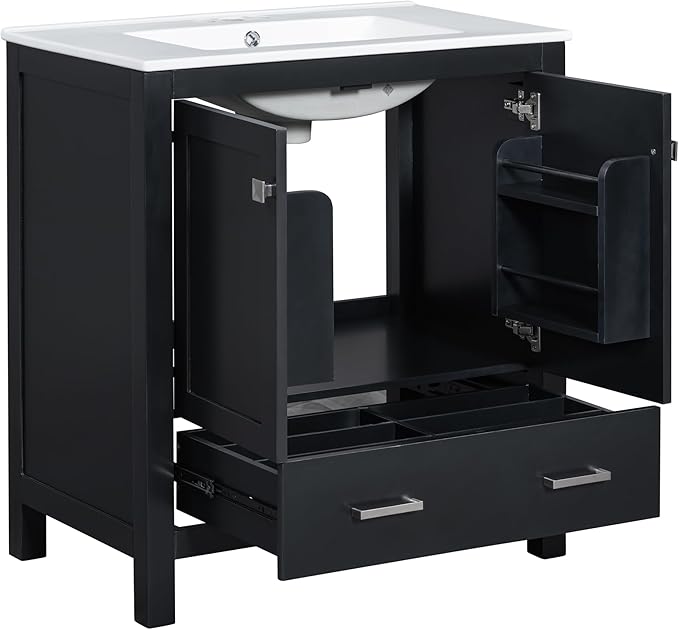 Bellemave 30" Bathroom Vanity with Sink Combo Set, Solid Wood Frame Bathroom Storage Cabinet with a Drawer, 2 Soft Closing Cabinet Doors with Organizer, Black