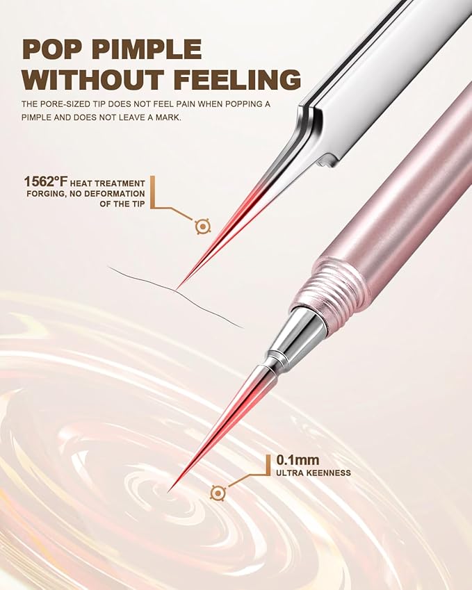 SGNEKOO Professional Facial Milia Remover Tools and Whitehead Extractor,Titanium Alloy Double Ended Needle and Steel Tweezers Kit,Blackhead,Blemish,Zit and Pimple Acne Removal Popper (Stainless Pink)