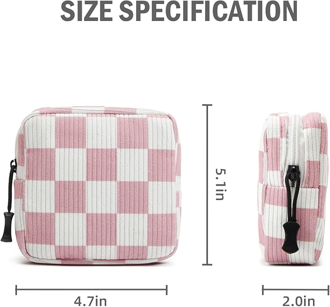 Small Makeup Bag for Purse,Mini Cosmetics Bag cute Zipper corduroy Cosmetic Pouch Storage Pouch Travel Toiletry Organizer for Women Girls(Checkered Pink)