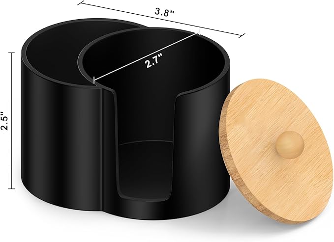 Cotton Pad Swab Holder, Q tip Holder Round Makeup Pads Dispenser Small Plastic Swabs Dispenser with Lid, Bathroom Accessories Storage Organizer for Floss Picks, Black