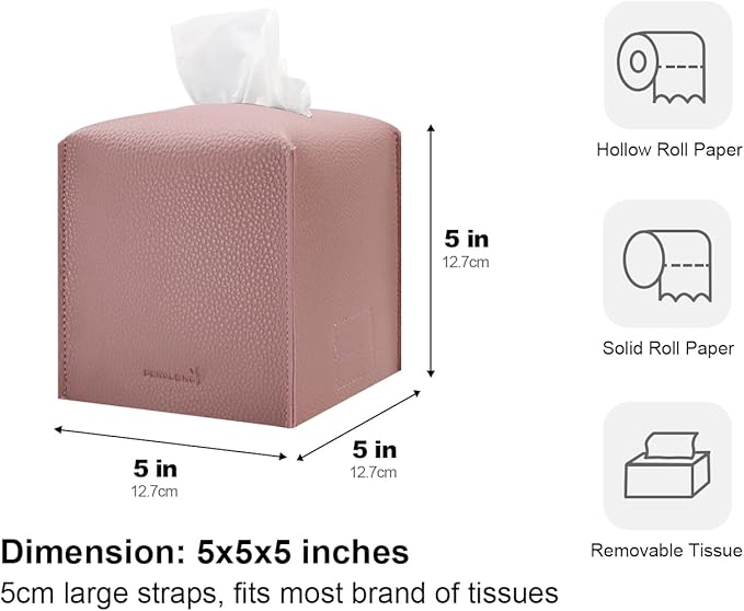 Tissue Box Cover 5X5X5'' PU Leather Tissue Holder Square Tissue Cube Box Organizer for Bathroom Vanity Countertop, Car, Night Stands, Office, Home, Kitchen (1Pack, Pretty Pink)