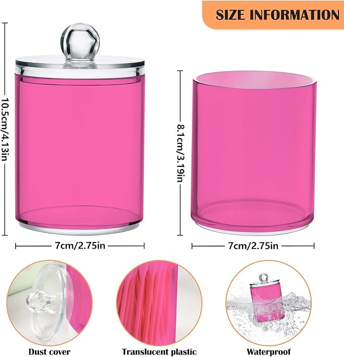Hot Pink Qtip Holder Organizer Dispenser Cotton Swabs Cans Plastic Jars with Lid Set 2 Pack Bathroom Storage Canister for Cotton Ball Floss Cotton Pads