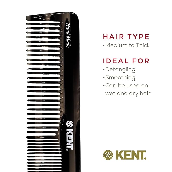 Kent 16T Black Graphite Fine and Wide Tooth for Daily Grooming,Handmade Styling Comb for All Hair Types,Wet or Dry Hair Detangling Comb for Men and Women,Saw Cut Hand Polished,Made in England