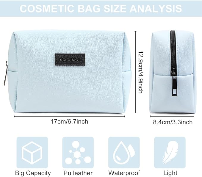 MAANGE Small Makeup Bag For Purse, Travel Cosmetic Bag Makeup Pouch PU Leather Portable Versatile Zipper Pouch For Women (Blue)