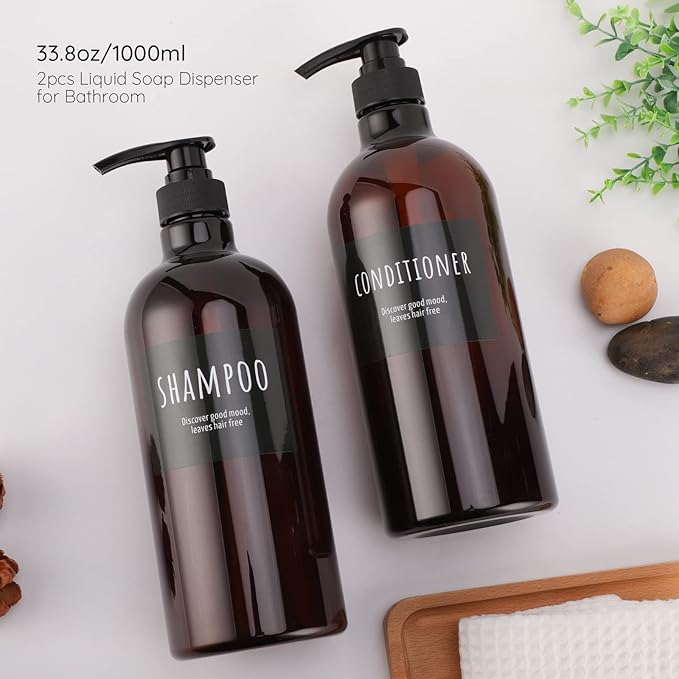 Empty Plastic Bottles with Labels, Segbeauty 33.8oz Large Brown Shampoo Conditioner Reusable Dispenser, 2 Packs of 1000ml Refillable Shower Lotion Pump Press Bottles for Bathroom Hand Soap Body Wash