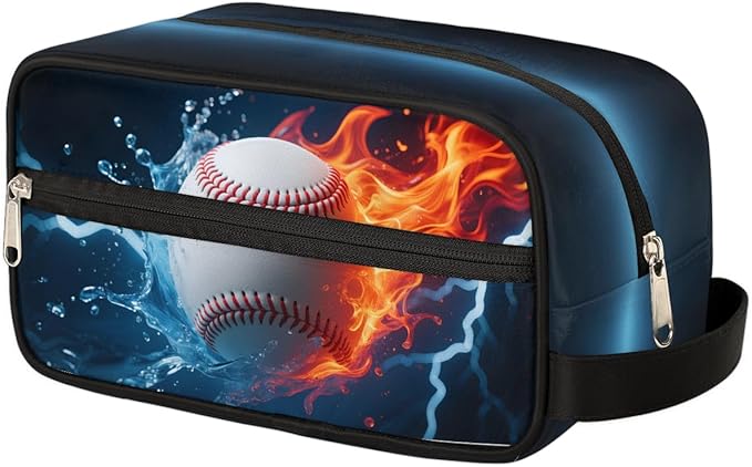 Abstract Fire Water Baseball Kids Toiletry Bag for Boys Girls, Cosmetic Makeup Bag with Handle, Travel Shaving Kit Organizer, Waterproof Portable Wash Bag for Gym Vacation Camping Sports