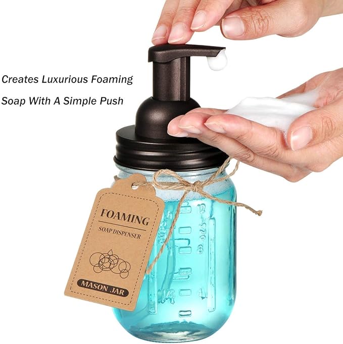 Amolliar Mason Jar Foaming Soap Dispenser Pump Lids, Foaming Pump Replacement Kit for Pint Regular Mouth Mason Jar, Refill Hand Soap, Waterproof Labels, Kitchen Bathroom Farmhouse Decor, Bronze 6 Pack