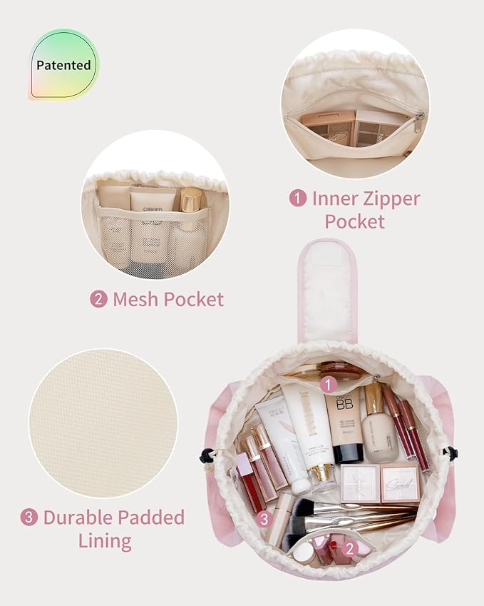 Narwey Quilted Drawstring Makeup Bag, Large Cosmetic Bag Make up Bags Toiletry Bag Travel Bags for Toiletries Organizer for Women Gift for Teen Girls (Pink) (Patent)