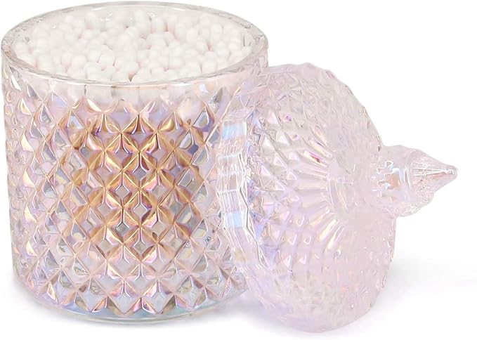 Colorful Home Decorative Jar Qtips Holder Dispenser Glass Storage Container Bathroom Counter Vanity Organizer for Bath Salts/Swabs/Rounds Makeup Sponges Toothpick Jewelry(Sparkling, 10 oz)