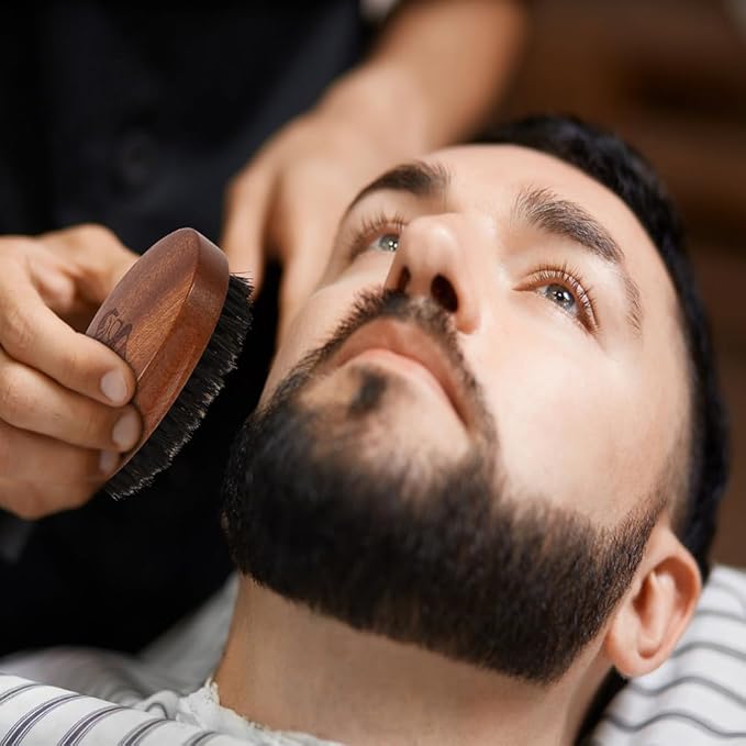 Walnut Wood Grooming Set for Men: Boar Bristle Brush, Beard Comb, Mustache Scissors, and Travel Bag