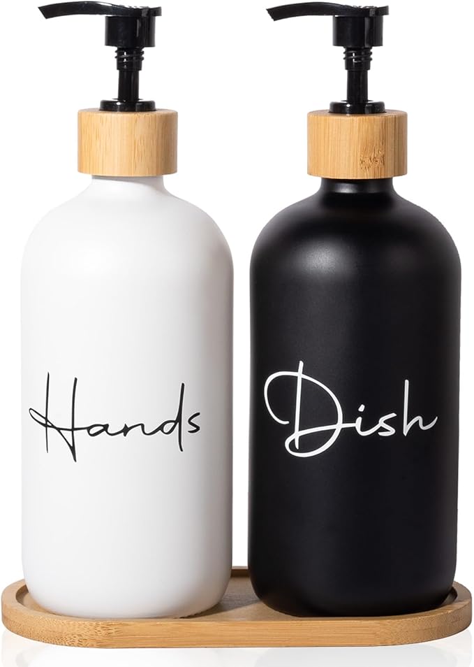 17 oz Hand Soap Dispenser Empty Glass Lotion Pump Bottles, Refillable Liquid Dish Soap Bottles for Bathroom, Kitchen Sink, Black + White, 2 Pack