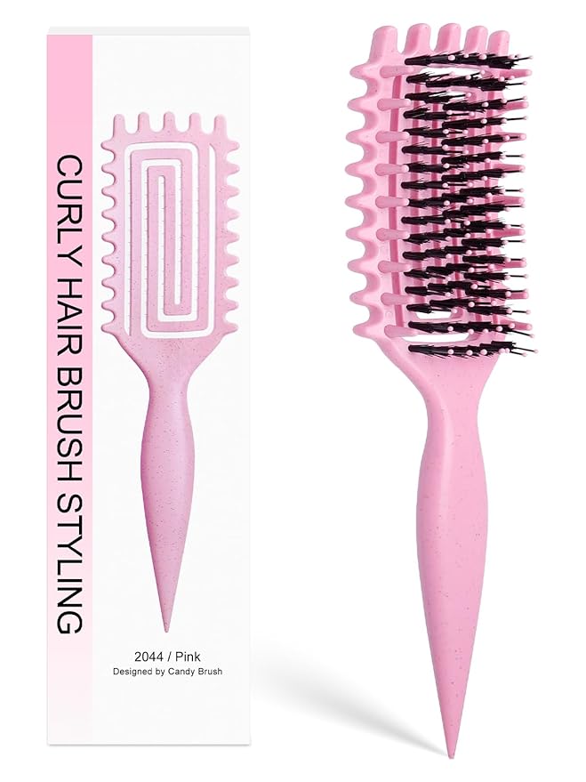 Curly Hair Brush, Curl Defining Brush for Women and Men, Effortless Detangling and Shaping for Curls, Waves and Coils, Reduces Pulling, Smooth Results (Pink)