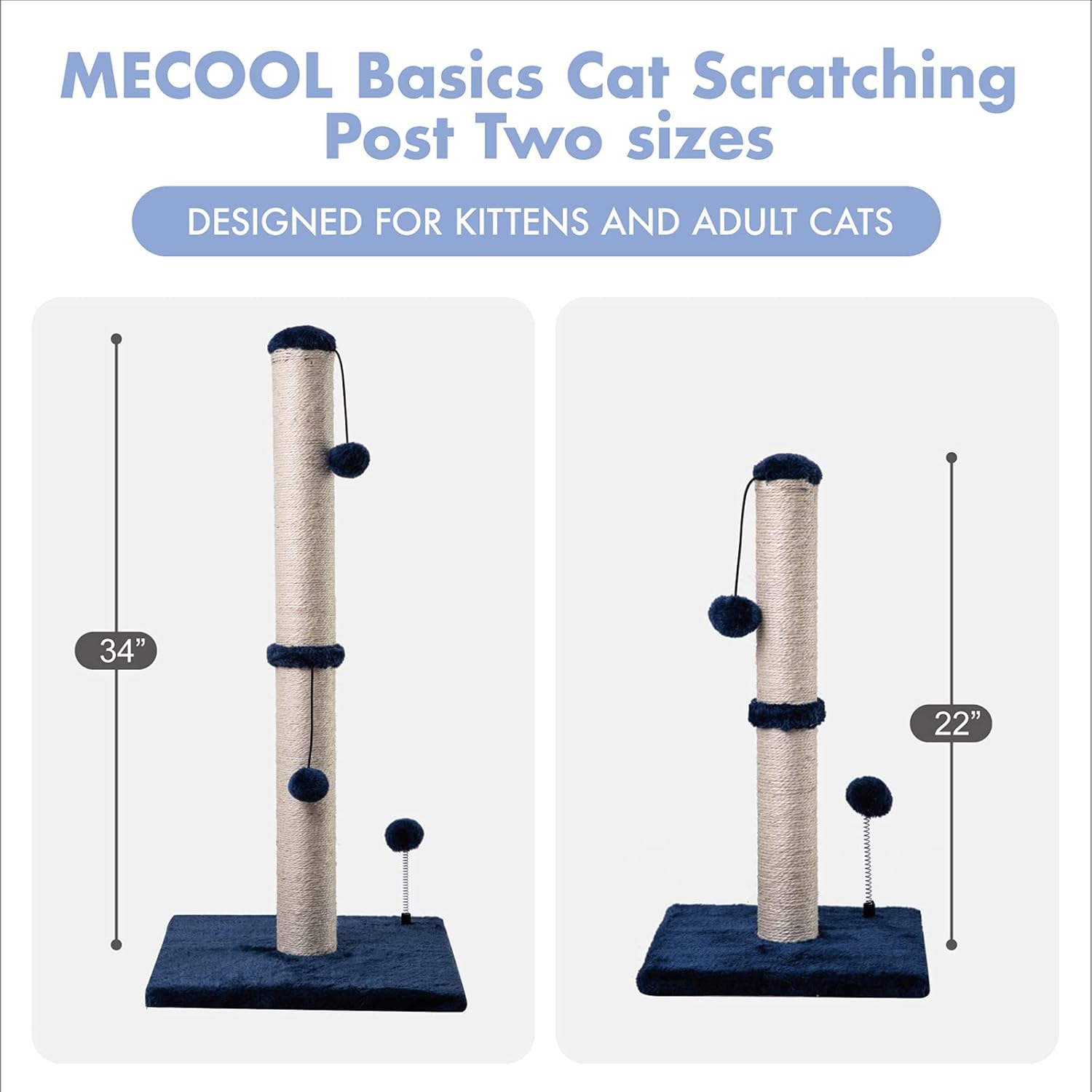 MECOOL Cat Scratching Post Premium Basics Kitten Scratcher Sisal Scratch Posts with Hanging Ball 22 in for Kittens or Smaller Cats, Navy