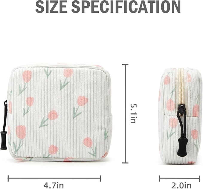 Small Makeup Bag for Purse,Mini Cosmetics Bag cute Zipper corduroy Cosmetic Pouch Storage Pouch Travel Toiletry Organizer for Women Girls(Tulip White)