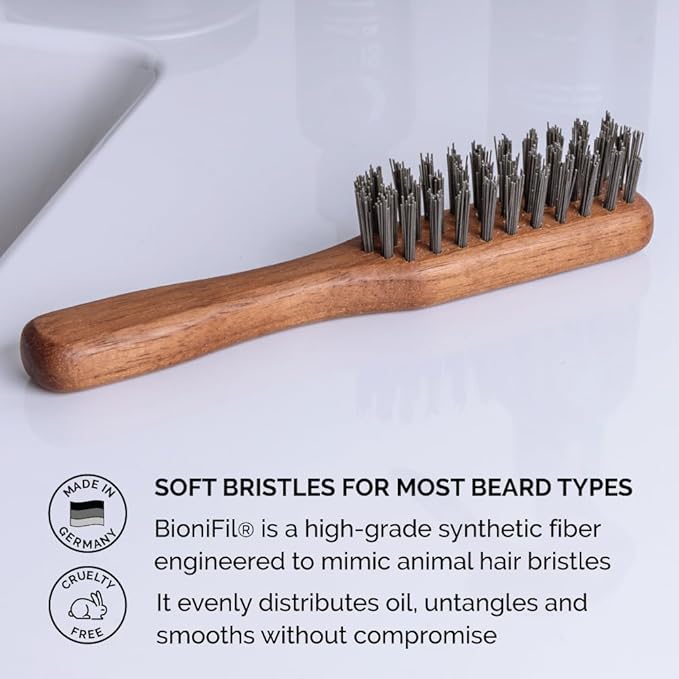 ZEUS Vegan Mustache & Beard Brush with Handle, Soft Bristle & Animal-Free Grooming Brush for Taming & Styling Beard – Made in Germany (J73)