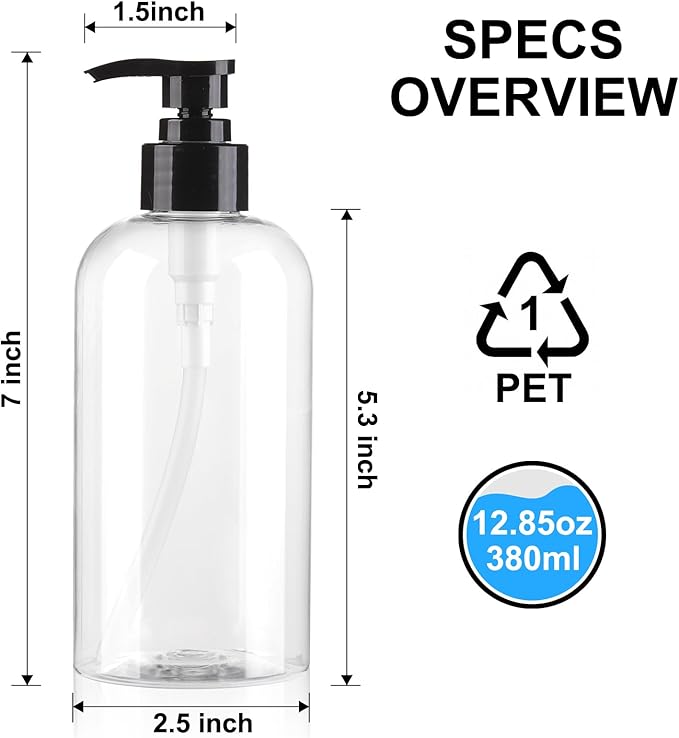 Empty Pump Bottles Dispenser 12.85oz/380ml, Refillable Clear BPA-Free Plastic Pump Bottle for Shampoo, Lotion, Soap and Massage Oil, 2 Pack