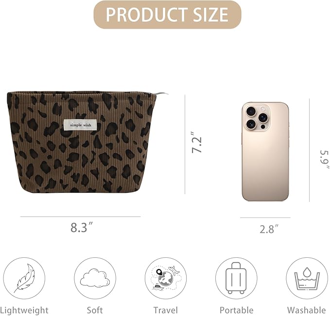 Wudygirl Leopard Makeup Bag Travel Cosmetic Bag for Women Small Makeup Pouch Zipper Cosmetic Pouch Handbag Aesthetic (Brown Leopard)