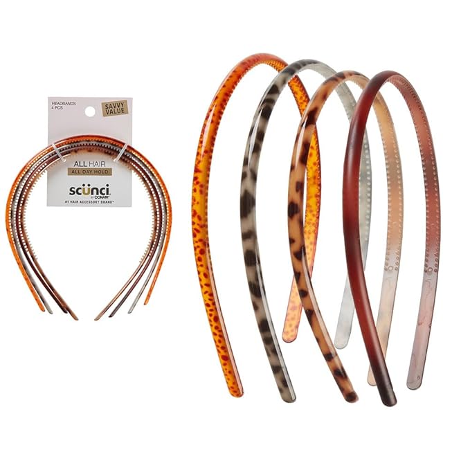 Scunci by Conair Effortless Beauty Skinny headband -plastic Headbands for Women and Men - hair accessories for women - Assorted Tortoise - 4 Count