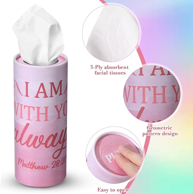 Outus 12 Pcs Christian Car Tissues Cylinder Holder with 3 Ply Facial Tissue Bulk Watercolor Religious Tissue Holder Travel Tissues Boxes Container for Home Mother's Gift for Church Ladies