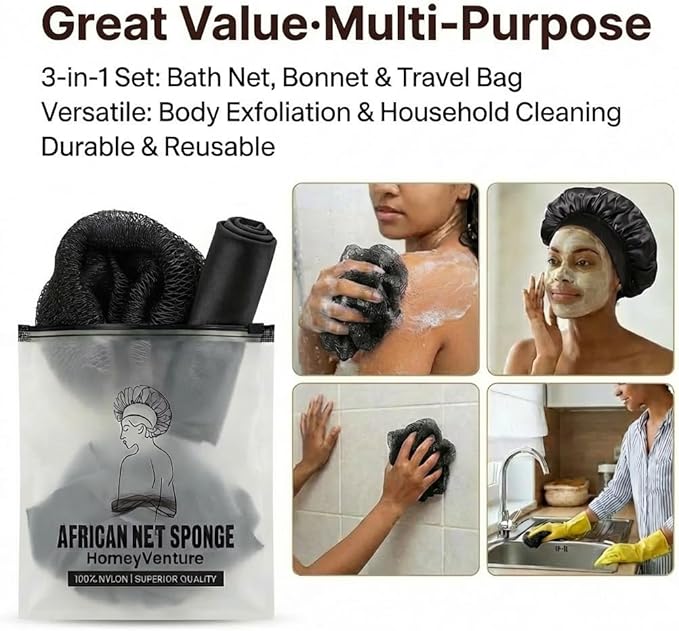 African Net Sponge, Exfoliating Body Scrubber, Soft Satin Silk Bonnet for Men Women Hair Bonnet for Sleeping, Double Layer Silk Sleep Cap, Black, HomeyVenture