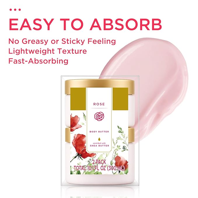 Princess Belle Rose Body Butter, Body Moisturizer for Dry Skin, Body Butter for Women Smell Good, Rose Gifts for Women-2 Pack (3.4floz + 6.8 floz)