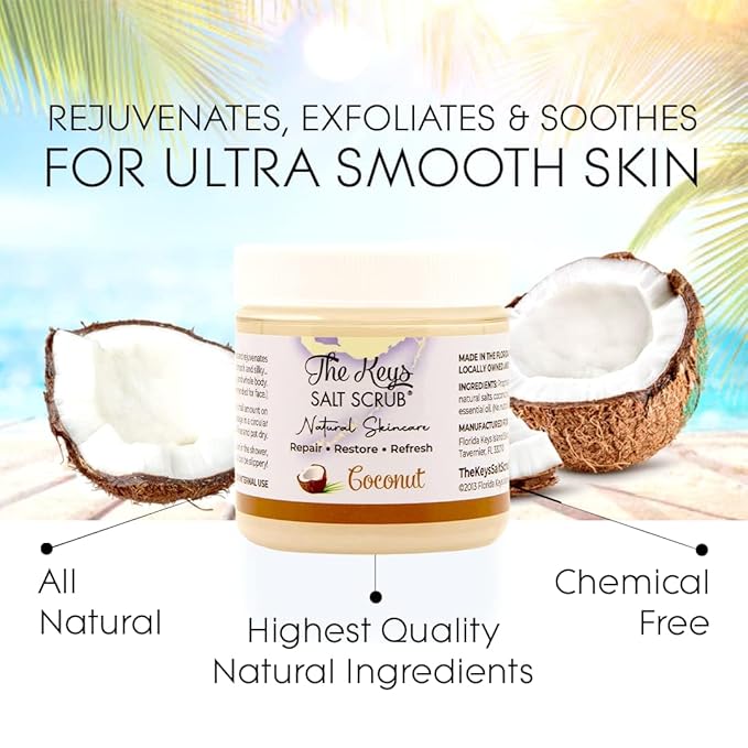 The Keys Salt Scrub -Sea Salt Scrub - Exfoliating Body Scrub with Wooden Spoon - Moisturizing Exfoliator for Hands, Foot, Bath, (3.4 Ounce (Pack of 1), Coconut)