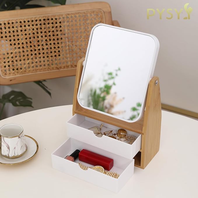 1x / 5X Magnifying Makeup Mirror, Jewelry and Cosmetics Storage Box with Double Drawers, Adjustable Natural Bamboo Stand, 360° rotatable Vertical Desktop Mirror (1, Rectangle)