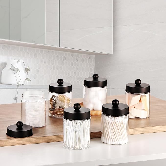 Amolliar Farmhouse Decor Qtip Holder Dispenser for Cotton Swabs,Balls, Cotton Pads, Floss - Clear Plastic Apothecary Jar for Bathroom Canister Storage, Vanity Countertop Makeup Organizer-Bronze (2)