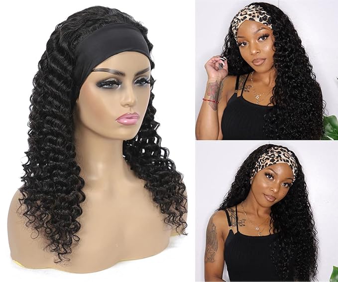 Aiterina 22Inch Headband Wigs Human Hair Deep Wave Wig Glueless Headband Wig Deep Wave None Lace Front Wigs Headband Wig Machine Made Wigs Curly Hair Natural Color