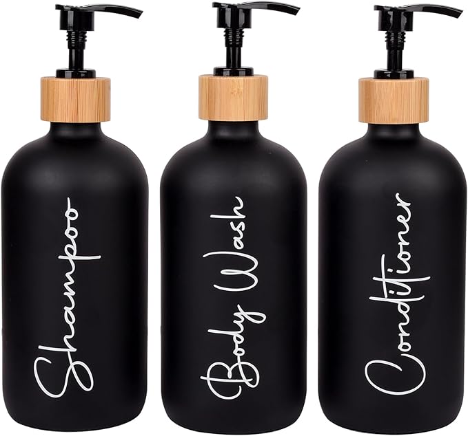Glass Shampoo and Conditioner Pump Bottles Soap Dispenser Bamboo Pump Head Empty Glass Refillable Shampoo Conditioner Body Wash Soap Bottles for Bathroom, 17 oz, 3 Pack, Black