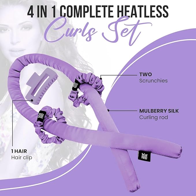 KAV 100% Mulberry Silk Heatless Curling Rod Headband Set with Clip & Scrunchies – Overnight Heatless Hair Curler for Women, No Heat Damage, Soft Hair Roller for Natural Curls & Waves