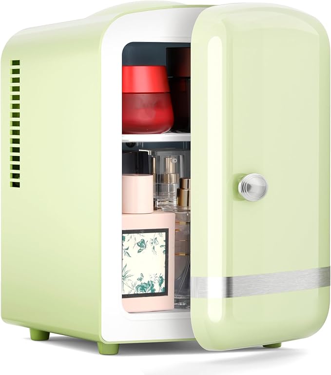 Xbeauty Retro Mini Fridge, Compact Refrigerator with 4L Capacity/6 Cans，Cooler & Warmer, Removable Shelf for Skincare, Beverages, Cosmetics, Perfect for Dorm, Bedroom, Green
