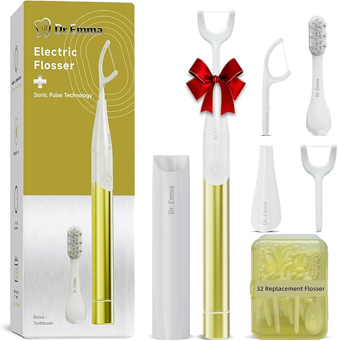 Dr. Emma Electric Vibration Flosser, Power Flosser for Adults, Gum Stimulator, Teeth Cleaner, Reusable Flossing Tool with Toothbrush, Water Flosser Alternative, Yellow