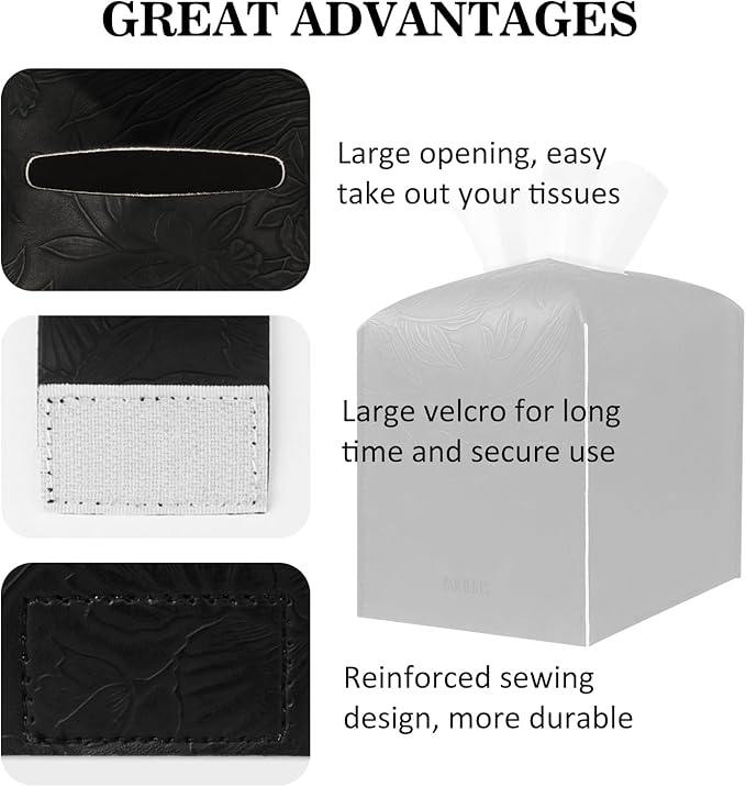 Tissue Box Holder Cover Square Tissue Cube Cover PU Leather Tissue Organizer with Bottom Belt for Bathroom, Tabletop, Kitchen, Night Stands, Office, Home, Car (2, Black)