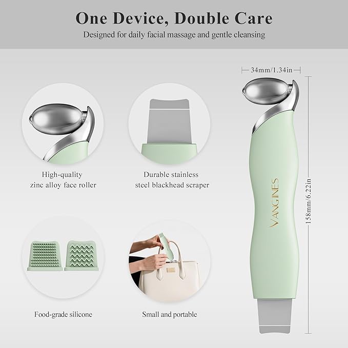 3-in-1 Blackhead Remover Tool with Ice Roller & 2 Silicone Brush Heads - Pore Cleaning Face Spatula, Stainless Steel Skin Scraper for Nose, T-Zone Deep Cleansing (Sage Mist)