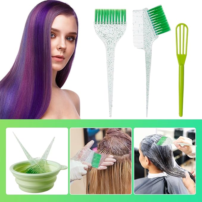 Hair Dye Color Brush and Bowl Set, Color Bowl Brushes Tool Mixing Bowl Kit Tint Comb for Hair Tint Dying Coloring Applicator (Green&Clear)