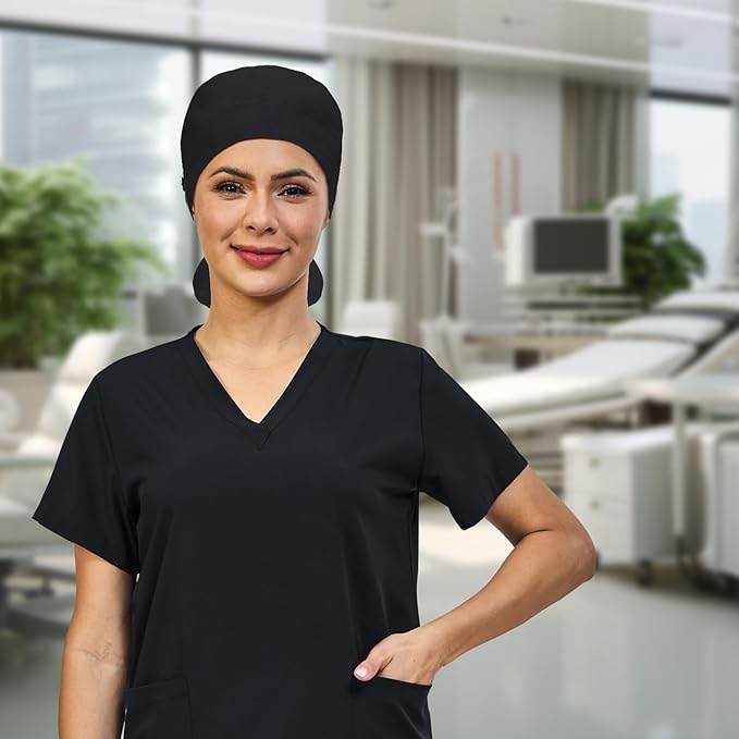QBA Adjustable Working Cap with Button, Satin-Lined Hat, Cotton Working Hat Sweatband, Elastic Tie Back Hats Unisex
