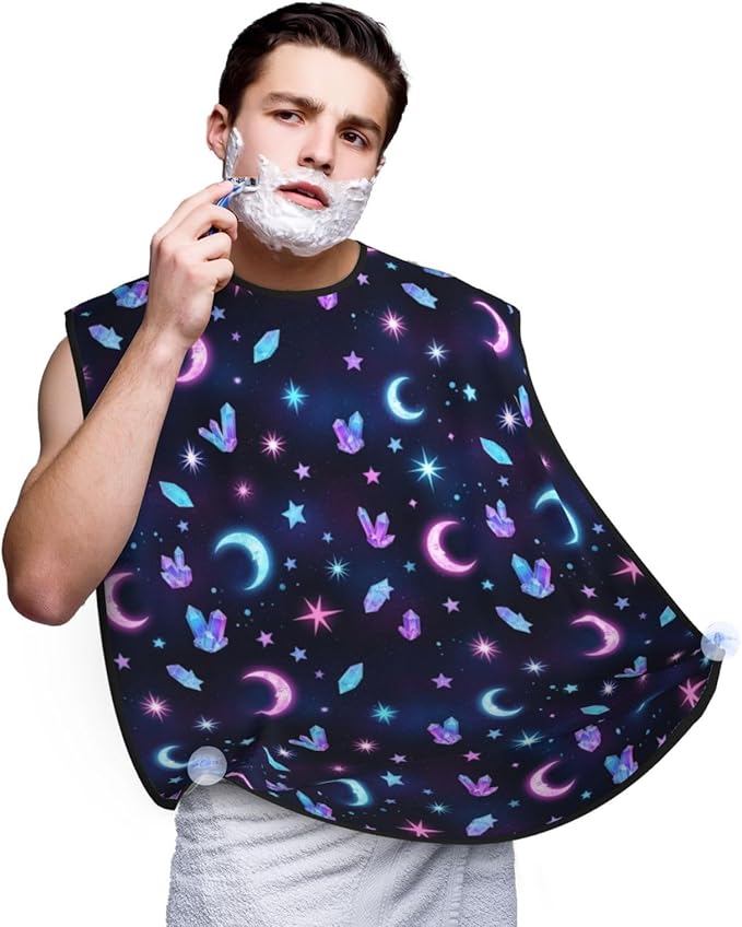 Stretchable Beard Cape, Non-Stick Hair Catcher for Trimming, Waterproof Grooming Apron, Trippy Purple Goth Moon Crystals Black Sky