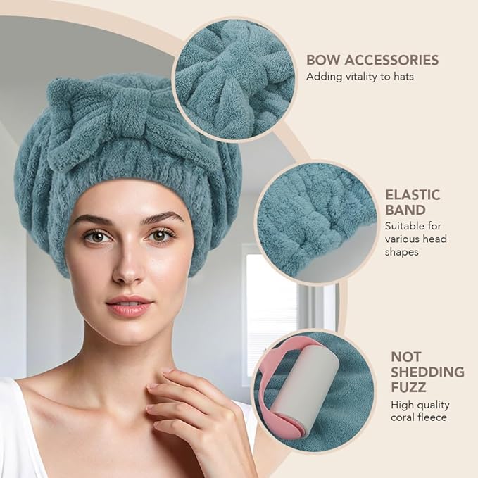 SUNLAND Large Microfiber Hair Drying Caps with Bow Knot Fast Drying Shower Cap Soft and Absorbent hairWrap Hair Turban Bath Caps for Curly Thick and Wet Hair 11 X 13.4 inch 2 Pack Dark Green