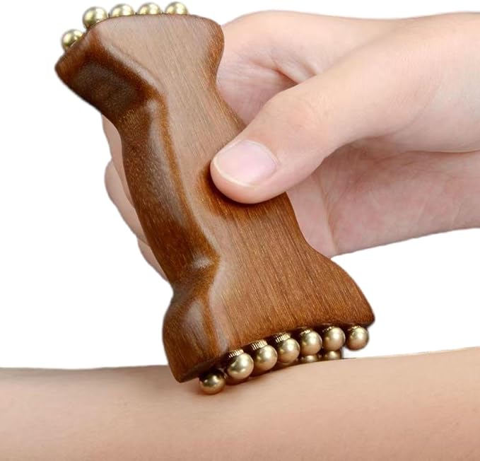 Sandalwood Facial Massage Roller with 20 Brass Beads, Natural Wood Handle Traditional Beauty Care Tool for Jawline, Neck and Face Sculpting, Double Head