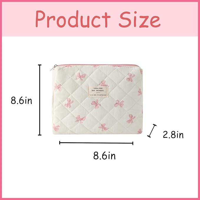 uekeboag Quilted Cotton Makeup Bag,Coquette Quilted Toiletry Bag for Women and Girls,Floral Coquette Pouch,Cute Kawaii Travel Cosmetic Bags(06Little Pink Bow)
