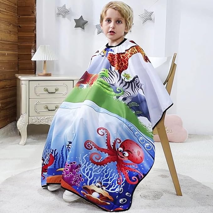 DOKKIA KIDS Barber Cape Haircut Hair Cutting Children Toddler Boys Girls Hairdressing Salon Styling Cloth Apron Cover Gown (CARTOON SEA WORLD/40×50")