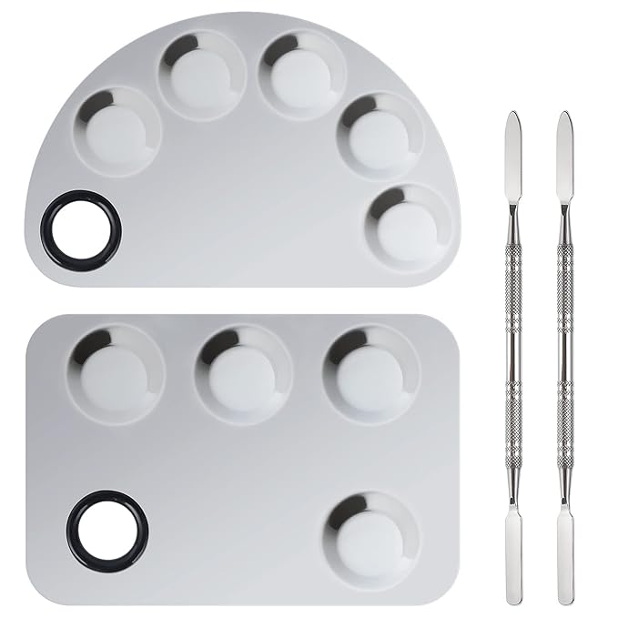 Professional Stainless Steel Makeup Palette,2 Pieces Cosmetic Palette with Spatula Tool, Nail-art Mixing Palette for Cosmetic Pigment Blending
