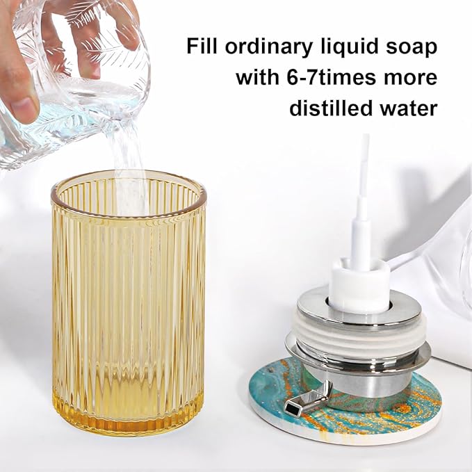 Foaming Soap Dispenser, 12 Oz Amber Glass Foam Hand Soap Dispenser, Refillable Glass Foam Pump Bottle Container Decorative Slim Ribbed Bottle for Bathroom and Kitchen