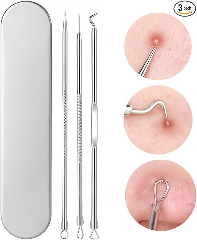 3 Pcs Blackhead Remover Comedone Extractor, Acne Removal Kit, Manual Pimple Popper Tool for Quick and Easy Removal of Pimples, Blackheads on Forehead, Facial and Nose (Needle 3 Pack)