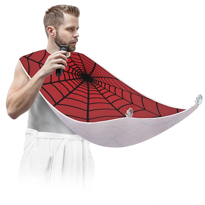 Spiders Web Red Beard Bib Apron,Beard Hair Catcher,Non-Stick Beard Shave Cape,Halloween Decor Shaving Trimming Non-Stick Waterproof Grooming Gifts for Dad Men Him Boyfriend
